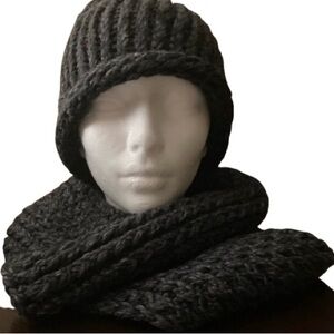 HANDMADE cozy knit beanie hat and scarf set in dark gray for adults